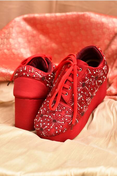 Buy Around Always Red Moonflower Bead Embroidered Sneaker Wedges Online at Aza Fashions Buy_Around Always_Red Moonflower Bead Embroidered Sneaker Wedges_Online_at_Aza_Fashions