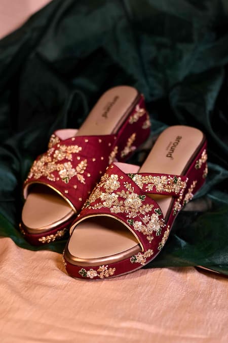 AROUND ALWAYS Maroon Embroidered Navi Cross Strap Wedges 