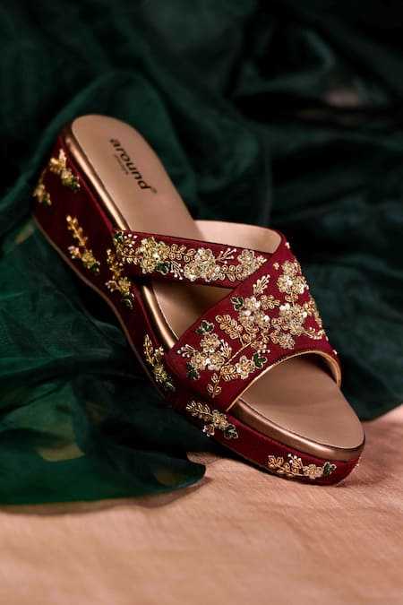 Around Always_Maroon Embroidery, Sequins Navi Cross Strap Wedges _Online_at_Aza_Fashions