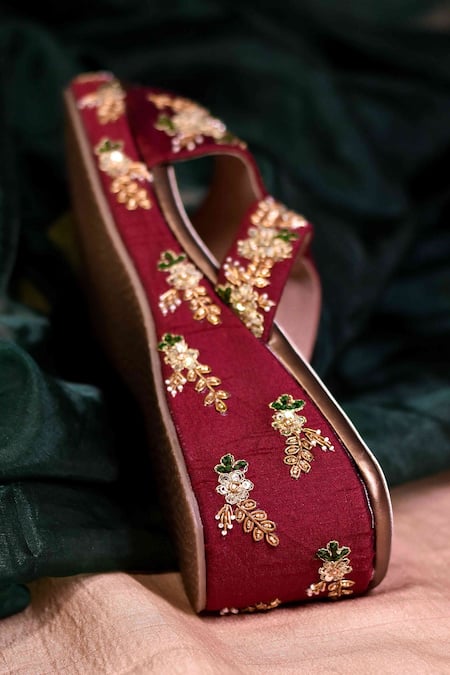 Buy_Around Always_Maroon Embroidery, Sequins Navi Cross Strap Wedges _Online_at_Aza_Fashions