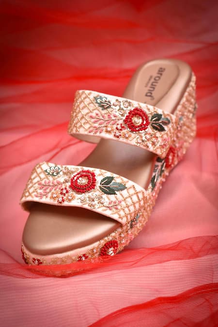 AROUND ALWAYS Nithya Floral Embroidered Sequined Wedges 