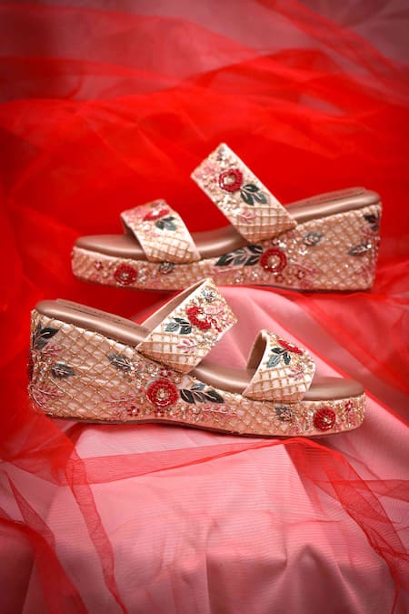 Shop Around Always Gold Embroidery, Sequins Nithya Floral Wedges at Aza Fashions Shop_Around Always_Gold Embroidery, Sequins Nithya Floral Wedges _at_Aza_Fashions