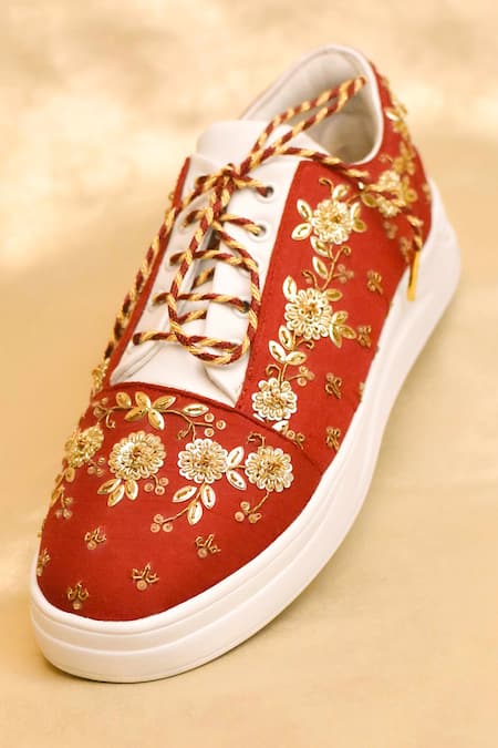Shop Around Always Maroon Prisha Sequin Floral Embellished Sneakers at Aza Fashions Shop_Around Always_Maroon Prisha Sequin Floral Embellished Sneakers _at_Aza_Fashions