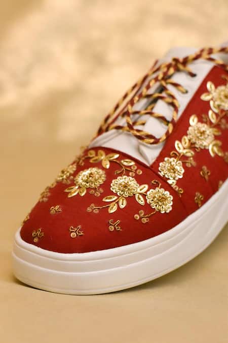 Around Always Maroon Prisha Sequin Floral Embellished Sneakers Online at Aza Fashions Around Always_Maroon Prisha Sequin Floral Embellished Sneakers _Online_at_Aza_Fashions