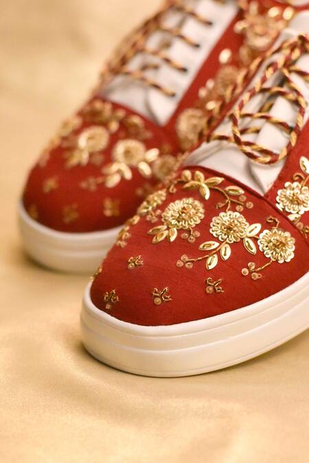 Buy Around Always Maroon Prisha Sequin Floral Embellished Sneakers Online at Aza Fashions Buy_Around Always_Maroon Prisha Sequin Floral Embellished Sneakers _Online_at_Aza_Fashions