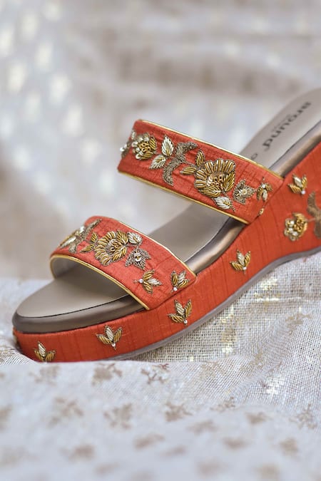 Around Always_Orange Embroidery, Sequins, Beads Terra Floral Embellished Wedges _Online_at_Aza_Fashions