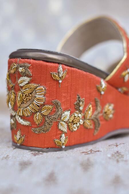 Buy_Around Always_Orange Embroidery, Sequins, Beads Terra Floral Embellished Wedges _Online_at_Aza_Fashions