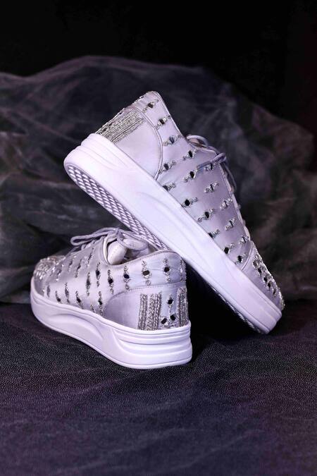 Shop Around Always Silver Toshi Mirror Work Sneakers at Aza Fashions Shop_Around Always_Silver Toshi Mirror Work Sneakers_at_Aza_Fashions