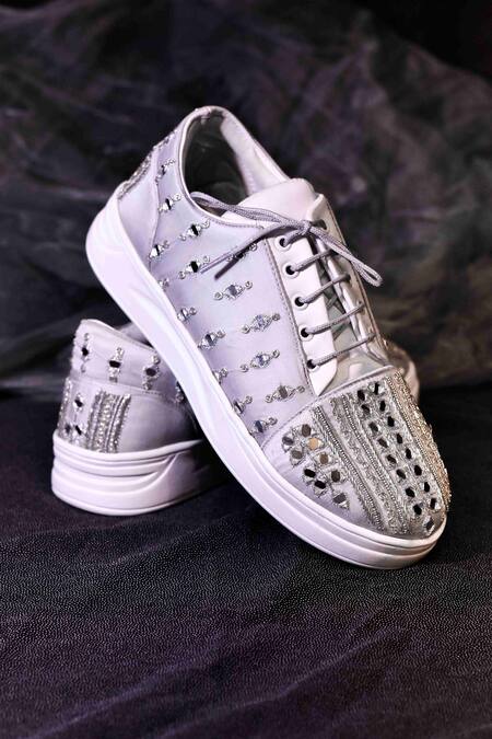 Around Always Silver Toshi Mirror Work Sneakers Online at Aza Fashions Around Always_Silver Toshi Mirror Work Sneakers_Online_at_Aza_Fashions