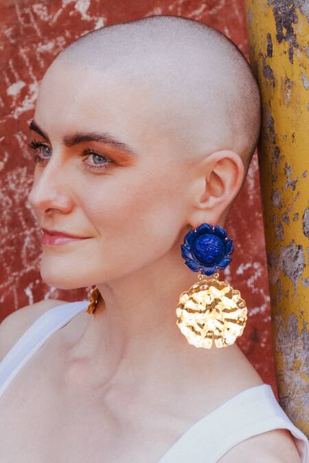 Goddess Of Glocal_Blue Crystals 108 Lotus Lapis Lazuli Earrings _Online_at_Aza_Fashions