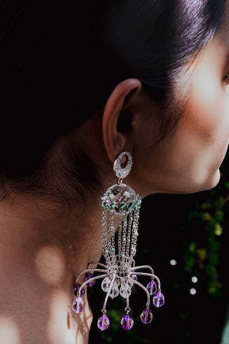 Goddess Of Glocal_White Diamonds, Stones Jalsa Amethyst Drop Long Earrings _Online_at_Aza_Fashions