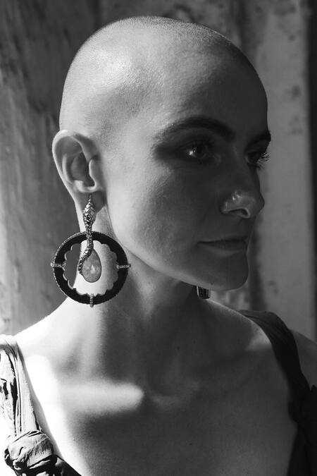 Goddess Of Glocal_White Lace Dark Romance Lapis Lazuli Disk Serpentine Earrings _Online_at_Aza_Fashions