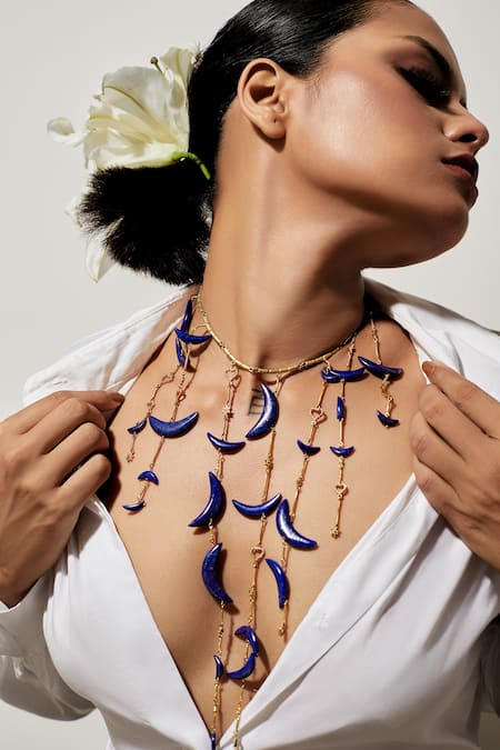 Goddess Of Glocal Chaand Tara Lapis Lazuli Gemstone Tassel Necklace 