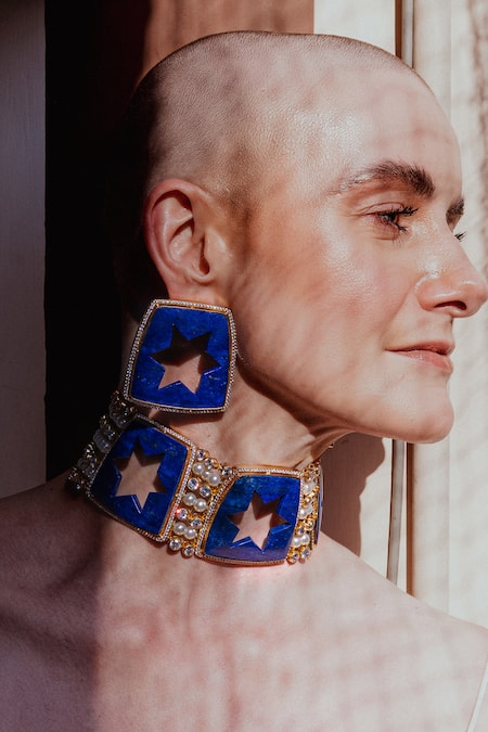 Goddess Of Glocal Nakshatra Star Lapis Lazuli Pearl Choker Set 