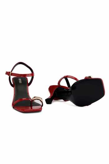 Oroh_Red Brooches Vic Metal Embellished Leather Heels _at_Aza_Fashions
