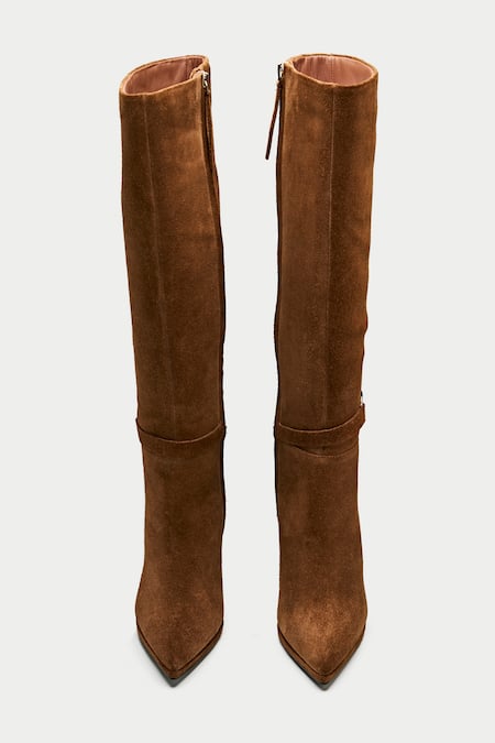 Shop Oroh Brown Buckles Tan Leather Embellished Long Boots at Aza Fashions Shop_Oroh_Brown Buckles Tan Leather Embellished Long Boots _at_Aza_Fashions