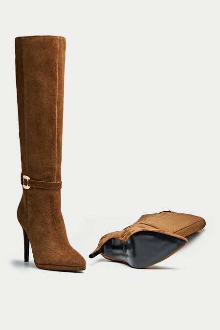 Shop Oroh Brown Buckles Tan Leather Embellished Long Boots Online at Aza Fashions Shop_Oroh_Brown Buckles Tan Leather Embellished Long Boots _Online_at_Aza_Fashions