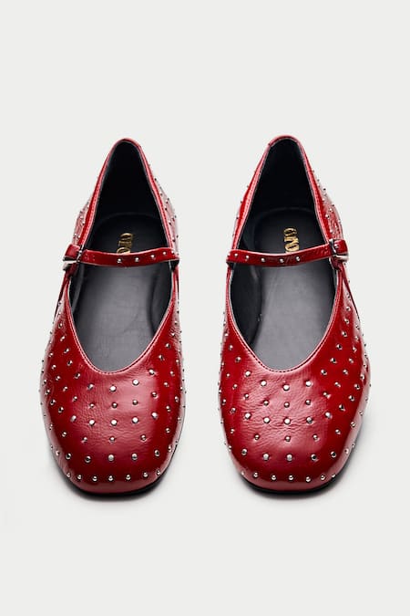 Shop Oroh Red Sintra Leather Stud Ballerina at Aza Fashions Shop_Oroh_Red Sintra Leather Stud Ballerina _at_Aza_Fashions
