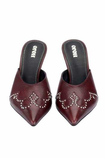 Shop Oroh Maroon Metallic Thread Gubbio Embellished Mule Pumps at Aza Fashions Shop_Oroh_Maroon Metallic Thread Gubbio Embellished Mule Pumps_at_Aza_Fashions