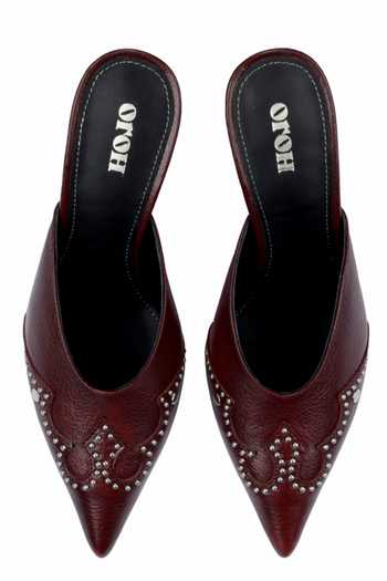 Oroh Maroon Metallic Thread Gubbio Embellished Mule Pumps Online at Aza Fashions Oroh_Maroon Metallic Thread Gubbio Embellished Mule Pumps_Online_at_Aza_Fashions