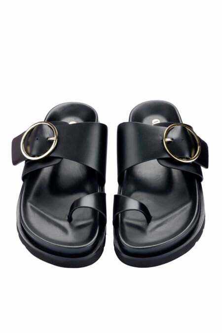 Shop_Oroh_Black Buckles Liria Leather Flat Sandals _at_Aza_Fashions