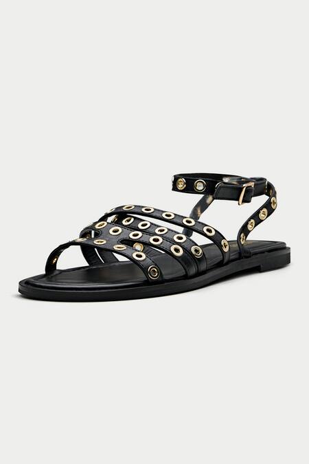 Oroh_Black Vicenza Eyelet Embellished Flat Sandals _Online_at_Aza_Fashions