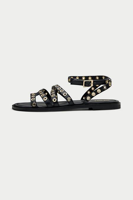 Buy_Oroh_Black Vicenza Eyelet Embellished Flat Sandals _Online_at_Aza_Fashions