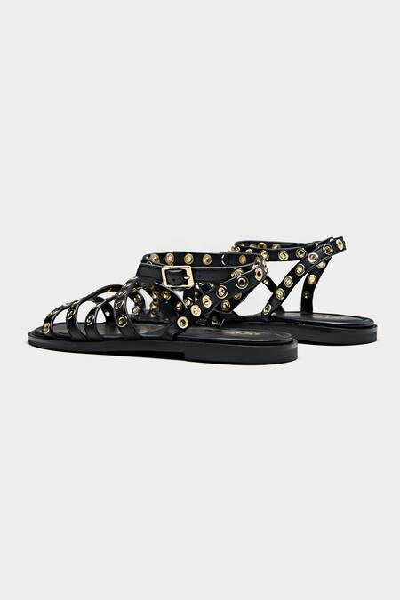 Shop_Oroh_Black Vicenza Eyelet Embellished Flat Sandals _Online_at_Aza_Fashions