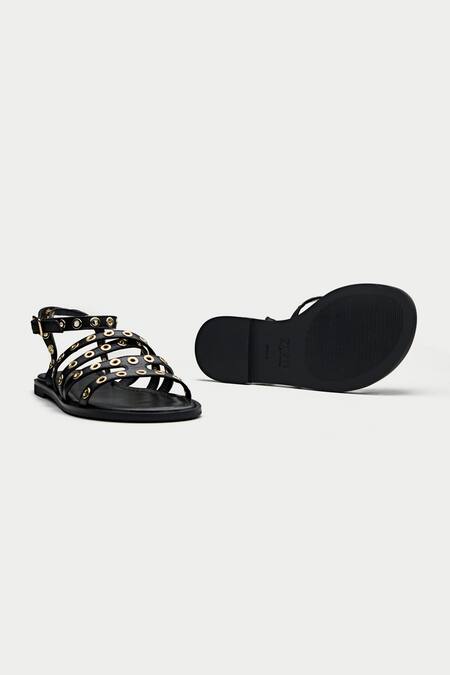 Oroh_Black Vicenza Eyelet Embellished Flat Sandals _at_Aza_Fashions