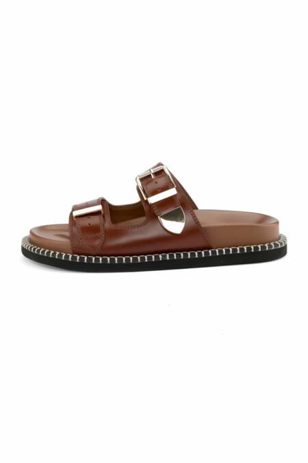 Oroh_Brown Buckles Modica Leather Flat Sandals _Online_at_Aza_Fashions