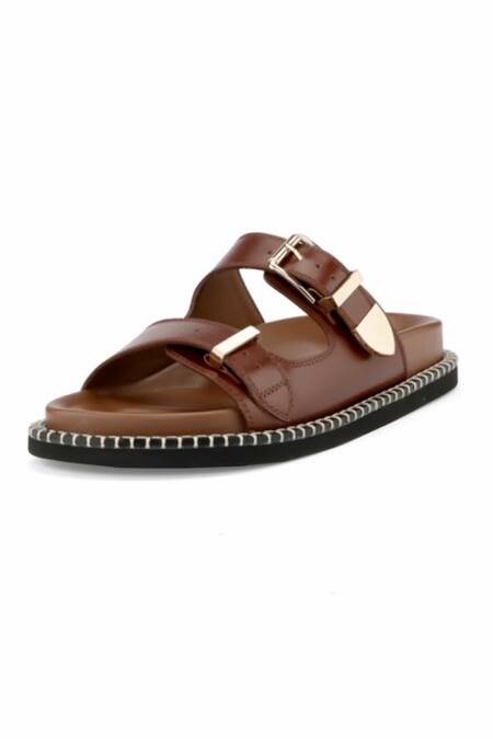 Buy_Oroh_Brown Buckles Modica Leather Flat Sandals _Online_at_Aza_Fashions