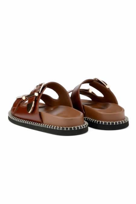 Shop_Oroh_Brown Buckles Modica Leather Flat Sandals _Online_at_Aza_Fashions