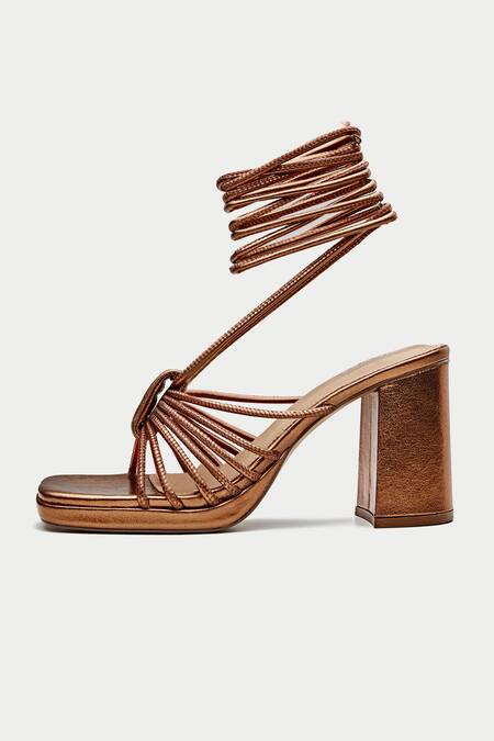 Oroh_Brown Bronze Textured Tie-up Heels _Online_at_Aza_Fashions