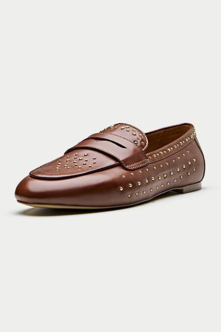 Oroh_Brown Savona Metallic Stud Embellished Loafers _Online_at_Aza_Fashions