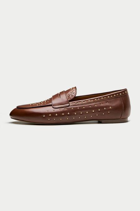 Buy_Oroh_Brown Savona Metallic Stud Embellished Loafers _Online_at_Aza_Fashions