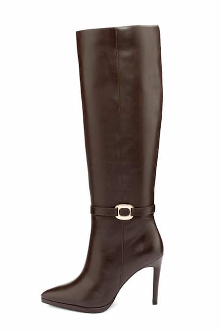 Buy_Oroh_Brown Buckles Pavia Pointed Toe Long Boots _Online_at_Aza_Fashions