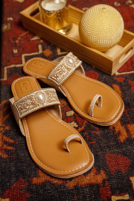 Shop_Sandalwali_Brown Hand Embroidery Pearl Sandals _at_Aza_Fashions