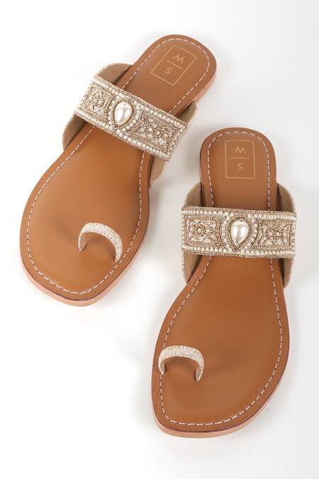Sandalwali_Brown Hand Embroidery Pearl Sandals _Online_at_Aza_Fashions