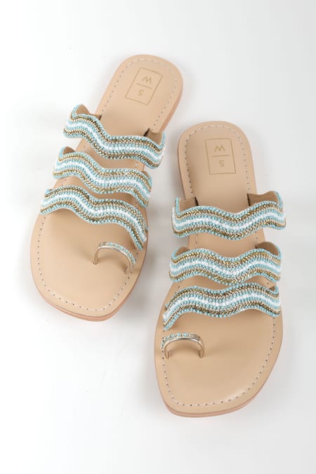 Shop_Sandalwali_Gold Hand Embroidery Renu Zig Zag Pattern Sandals _at_Aza_Fashions