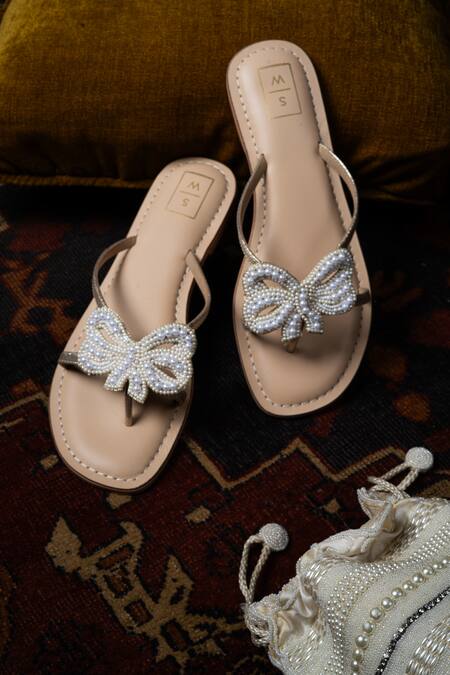 Shop_Sandalwali_Beige Hand Embroidery Coco Pearl Sandals _at_Aza_Fashions