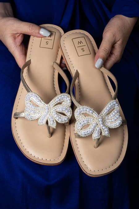 Sandalwali_Beige Hand Embroidery Coco Pearl Sandals _at_Aza_Fashions