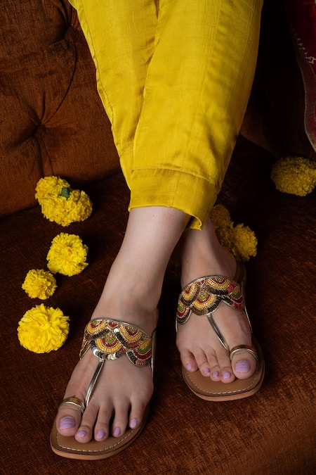 Shop_Sandalwali_Brown Hand Embroidery Ahana Kolhapuri Sandals _at_Aza_Fashions