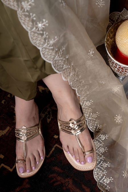 SANDALWALI Gold Lexie Metallic Strap Kolhapuri Sandals 