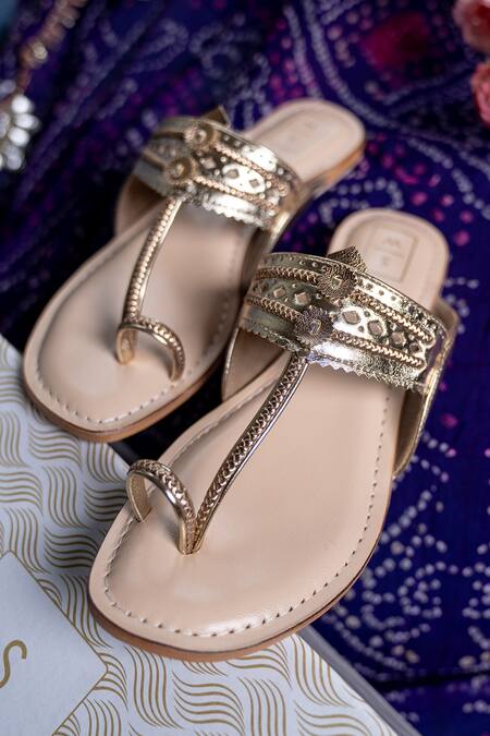 Sandalwali_Gold Metallic Thread Lexie Strap Kolhapuri Sandals _Online_at_Aza_Fashions