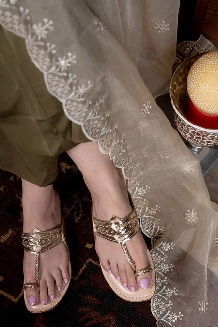 Sandalwali_Gold Metallic Thread Lexie Strap Kolhapuri Sandals _at_Aza_Fashions