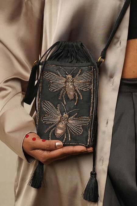 Moirra_Black Zardozi Chamakta Beetle Embroidered Crossbody Bag _Online_at_Aza_Fashions