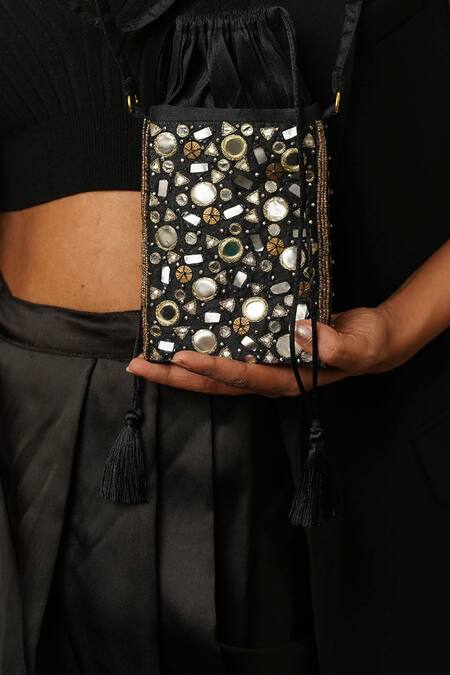 Moirra_Black Mirror Embroidered Sling Bag _Online_at_Aza_Fashions