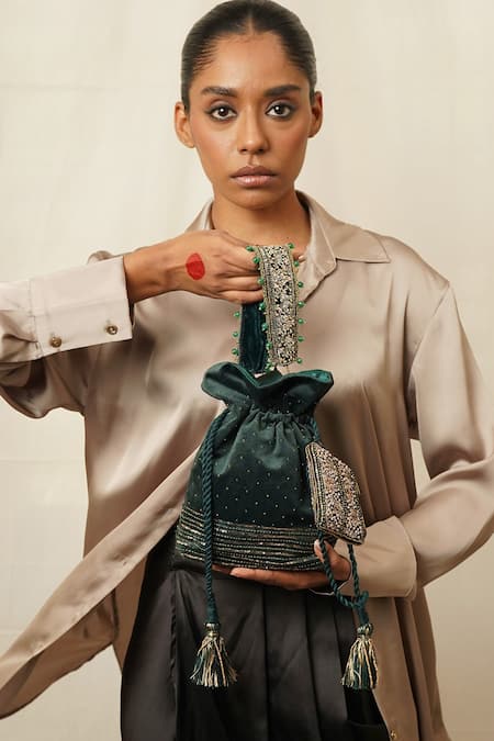 Moirra_Green Pitta Heer Dabka Embroidered Potli _Online_at_Aza_Fashions