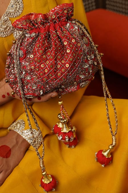 Moirra Red Gemstone Laali Embroidered Potli Online at Aza Fashions Moirra_Red Gemstone Laali Embroidered Potli _Online_at_Aza_Fashions