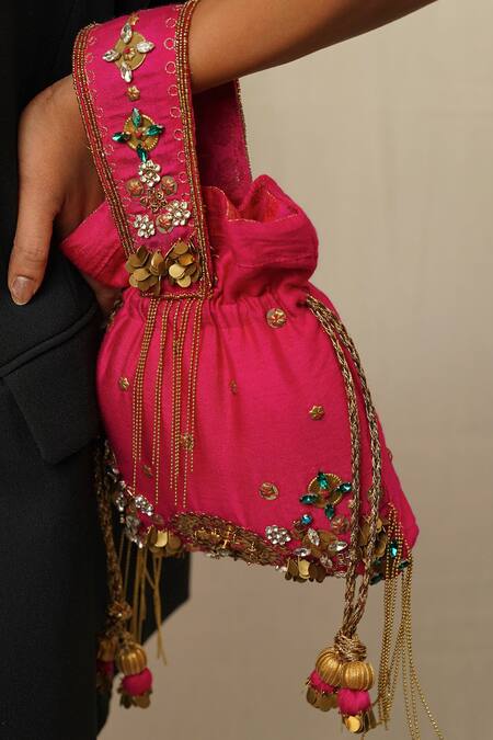 Buy_Moirra_Magenta Stone Heera Embroidered Potli _Online_at_Aza_Fashions